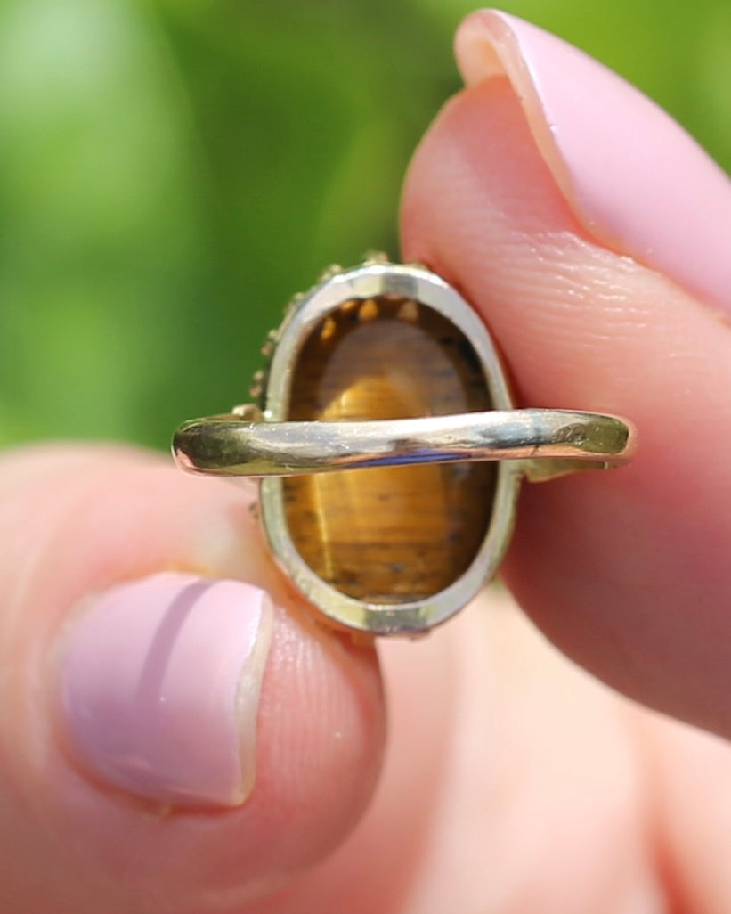 Second Glance - Antique Birmingham Made 1922 Tiger Eye Cabochon Ring, 15ct Yellow Gold, size I or 4.25, 2.27g