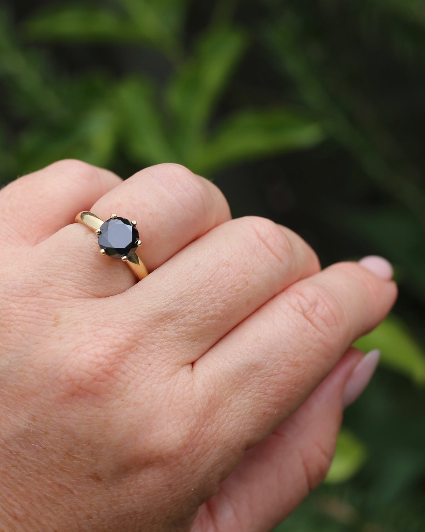 Black Moissanite Solitaire, 6 claw set 14ct Yellow Gold, size N1/2 or nearly 7, 3.63g