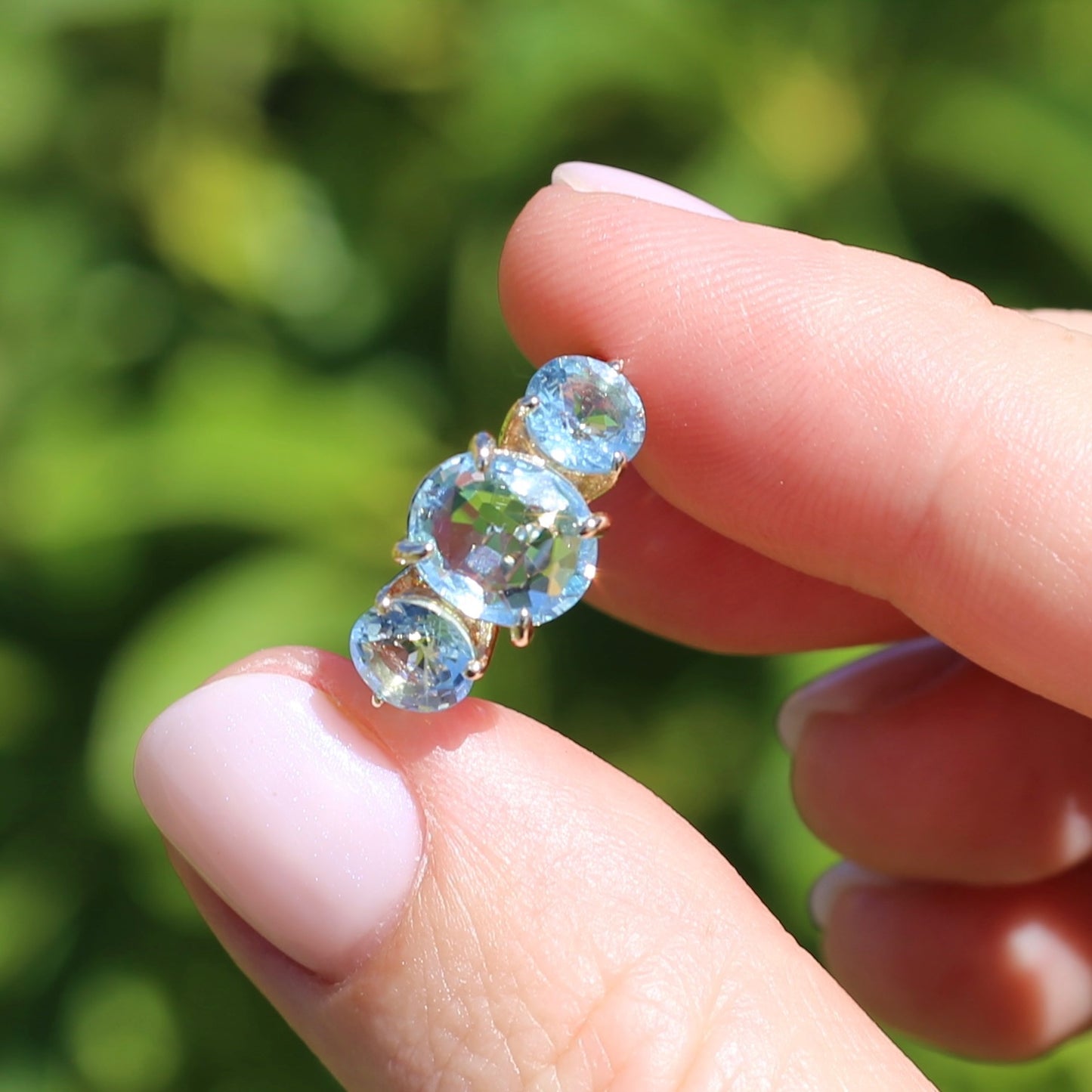 Natural Aquamarine Trilogy with Grain Set Diamond Shoulders, 9ct Yellow Gold, size 6.5 or M1/2