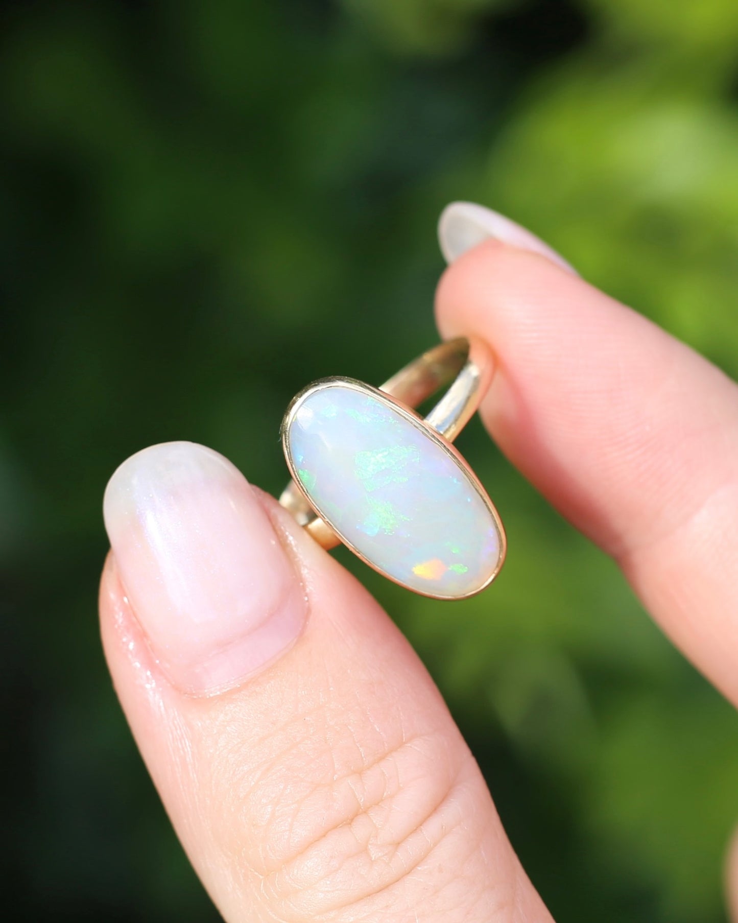 Crystal Opal Cabochon, Low Profile, in Bezel Set 9ct Yellow Gold, size T1/2 or 9.75