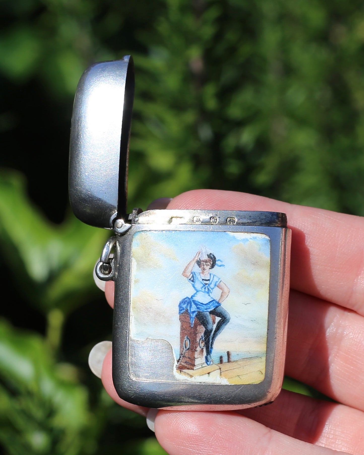 Antique 1896 Vesta Case featuring Enamel Sailor Girl, Sterling Silver, 39g