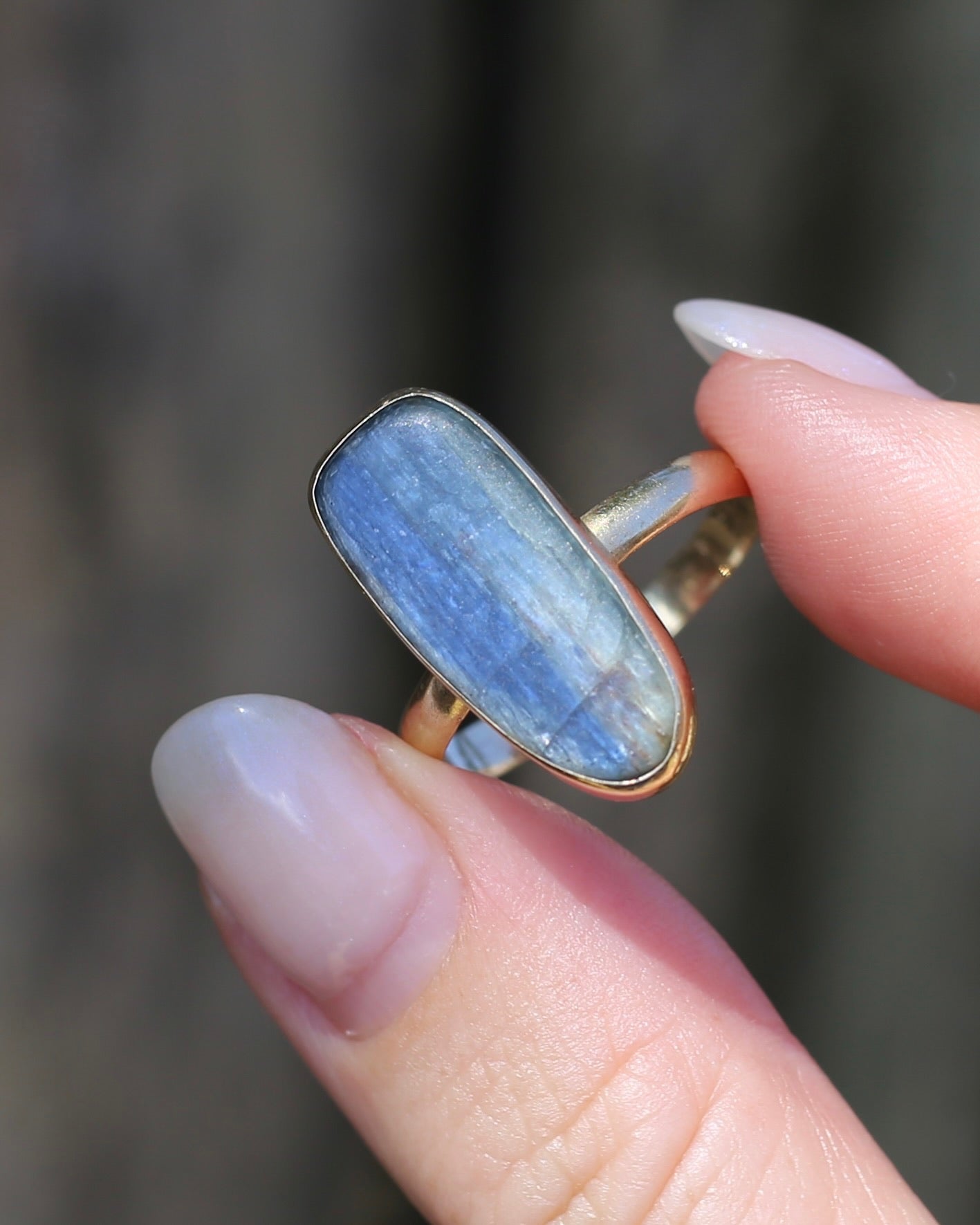 Rustic Freeform Labradorite Cabochon in Bezel Setting, 9ct Yellow Gold, size X1/2 or 11.75