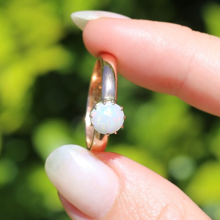 Early Australian 11 Multi Claw White Round Opal Ring, 9ct Old Rosey Gold, size 10 or U