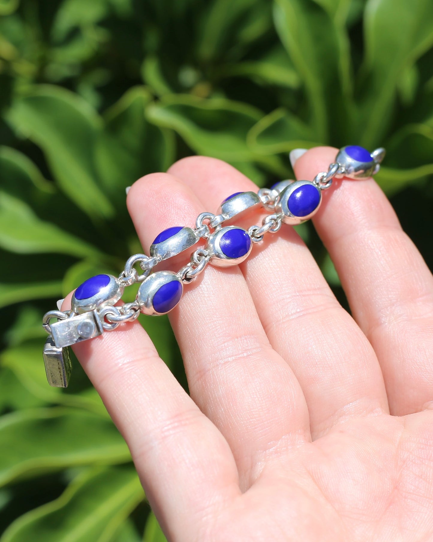 Vintage Mexican Bezel Set Lapis Bracelet, 7.75 inches or 19.5cm, 21.27g