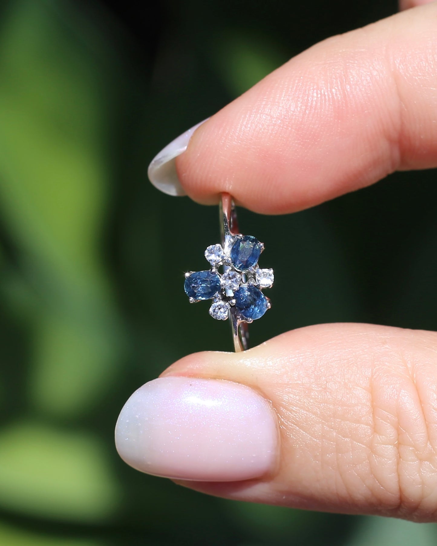 Vintage Parti Sapphire and White Quartz Cluster Ring, 9ct White Gold, size M or just over 6, 1.7g