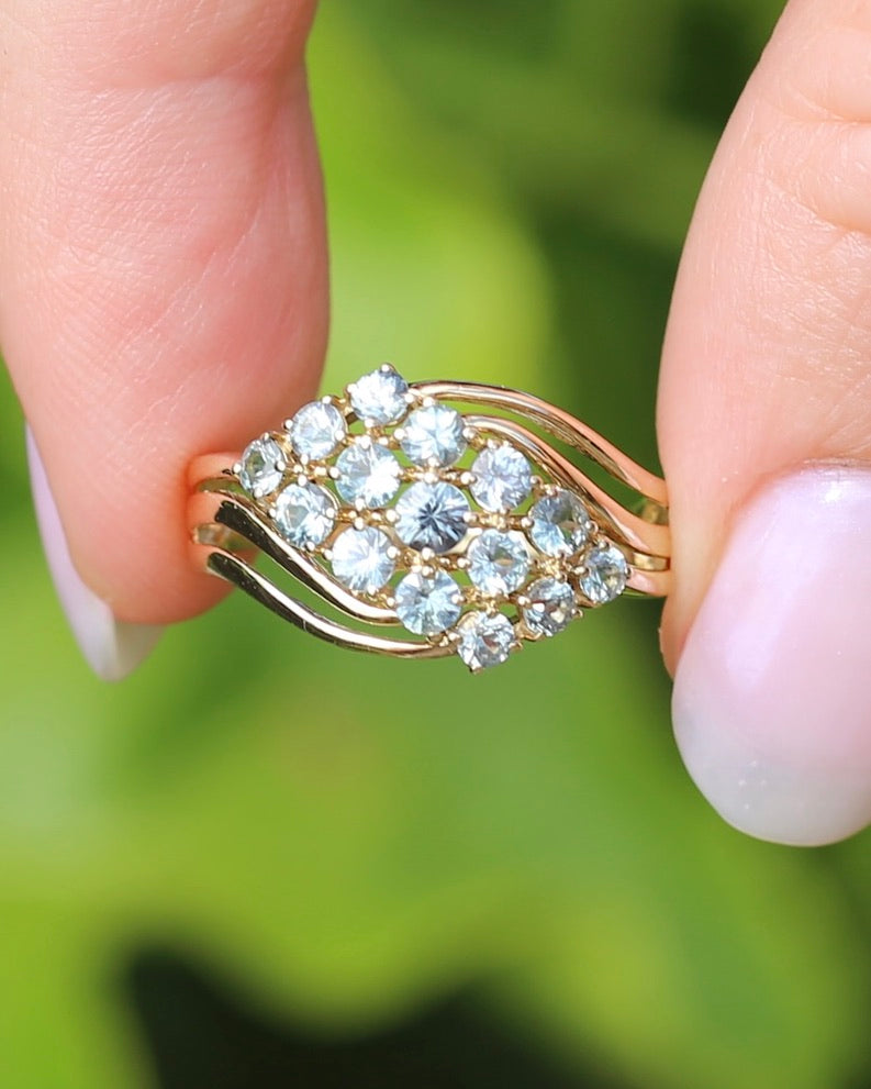 Pale Blue Parti Sapphire Bypass Cluster Ring, 9ct Yellow Gold, size P1/2 or 7.75, 2.75g