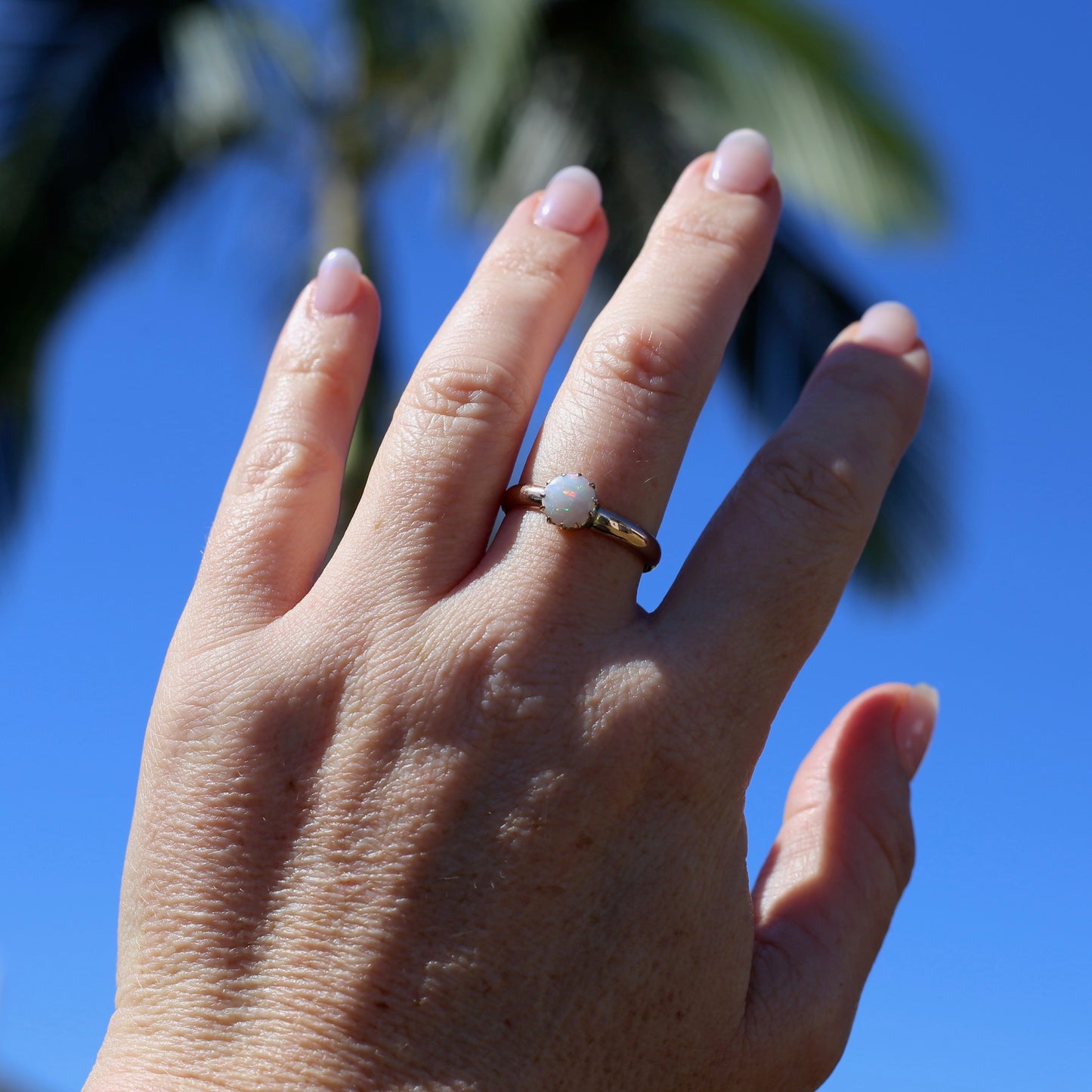 Early Australian 11 Multi Claw White Round Opal Ring, 9ct Old Rosey Gold, size 10 or U