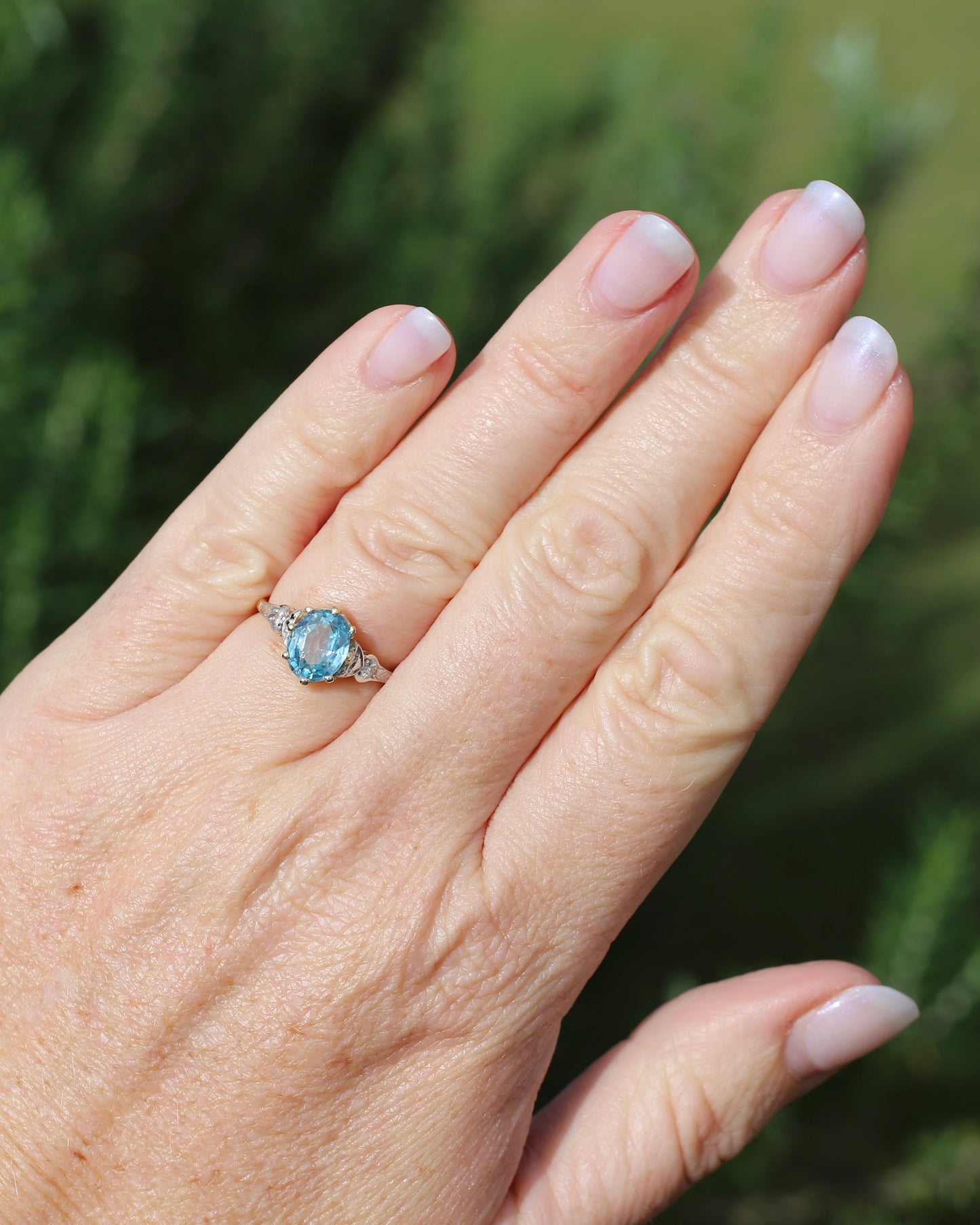 Circa 1930s Art Deco Blue Zircon and Diamond Ring, 18ct size just over M1/2 or 6.5, 2.80g