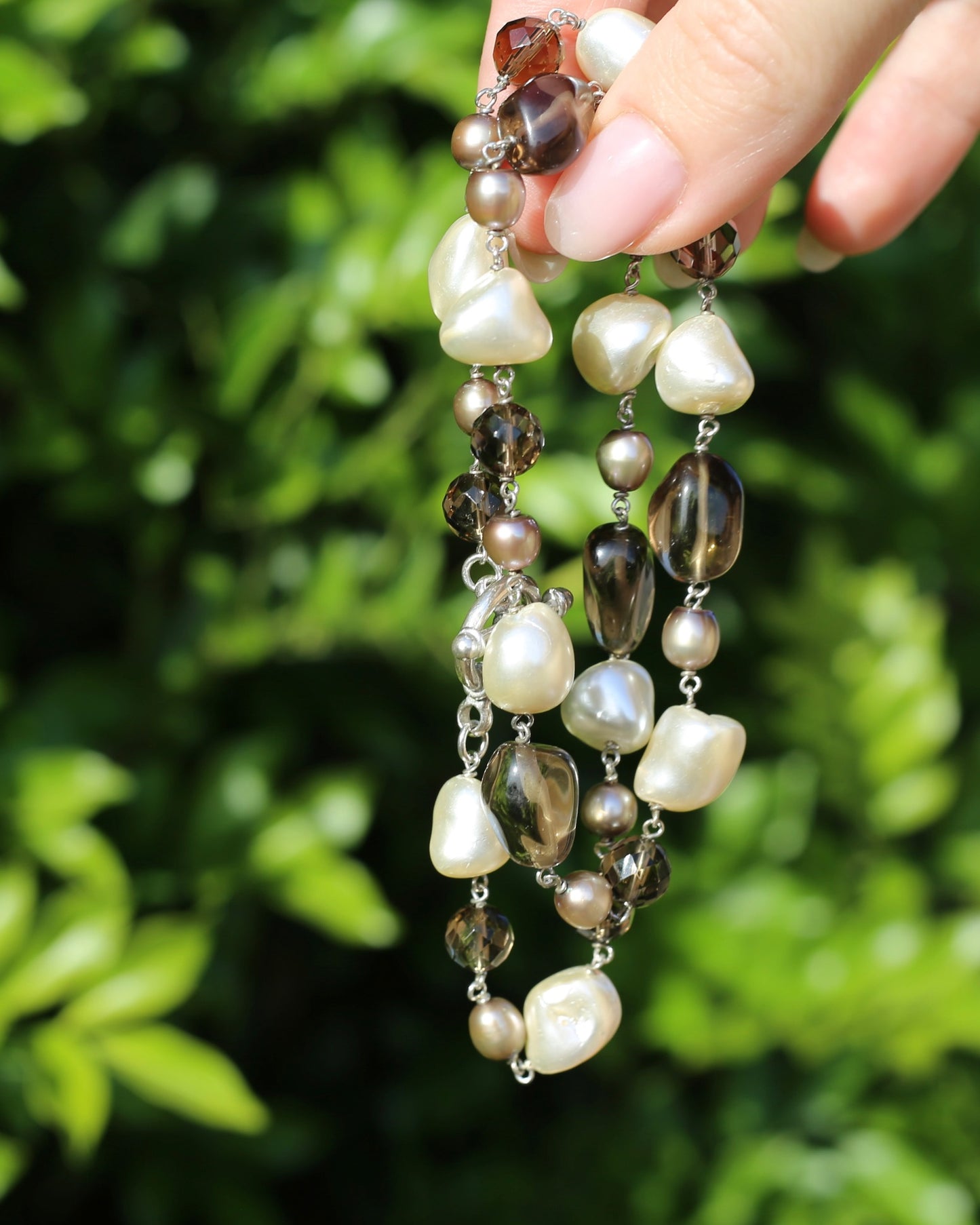 Baroque White Pearl, Grey Pearl and Smoky Quartz Neckalce, Silver Clasp and Findings, 43g