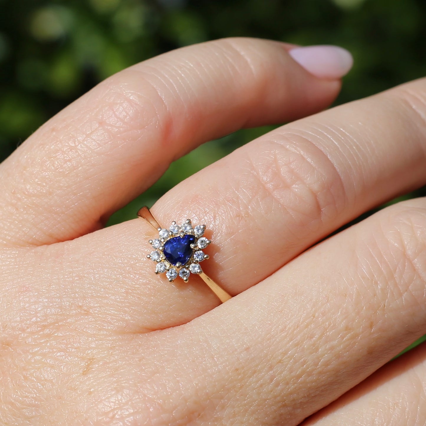 Pear Shaped Sapphire with Halo, 14ct and 18ct Yellow Gold, size 7 or just under O