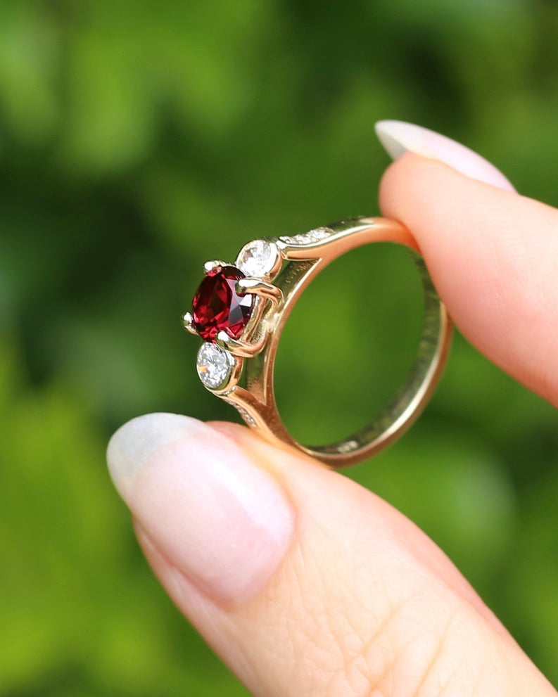 East African Rhodolite Garnet and Diamond Dais Trilogy, 9ct Yellow Gold, size S or 9.25