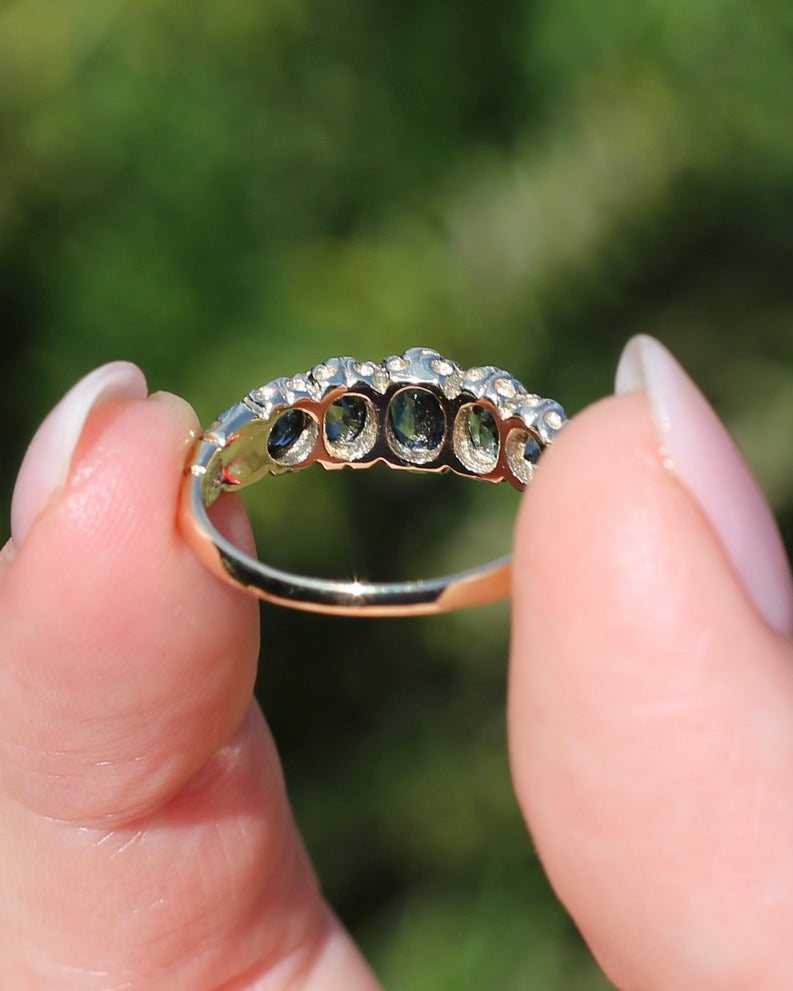 2.08ct Parti Sapphire Five Stone Ring,London Made 1989 9ct yellow Gold, size P1/2 or 8, 3.07g