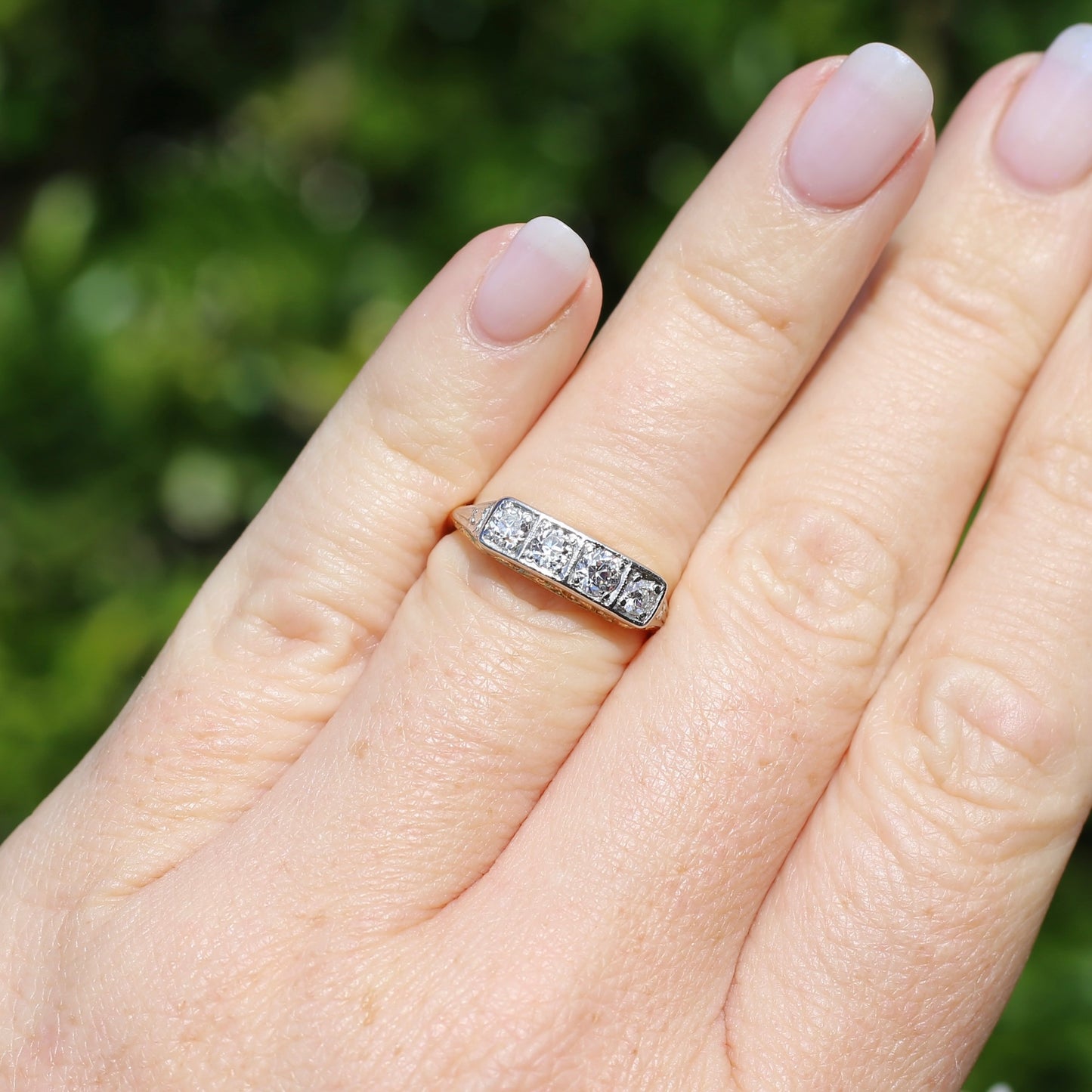 1930s 4 Stone Transitional Cut Diamond Mixed Metal Ring, 18ct Yellow Gold & Platinum, size M or just bigger than 6