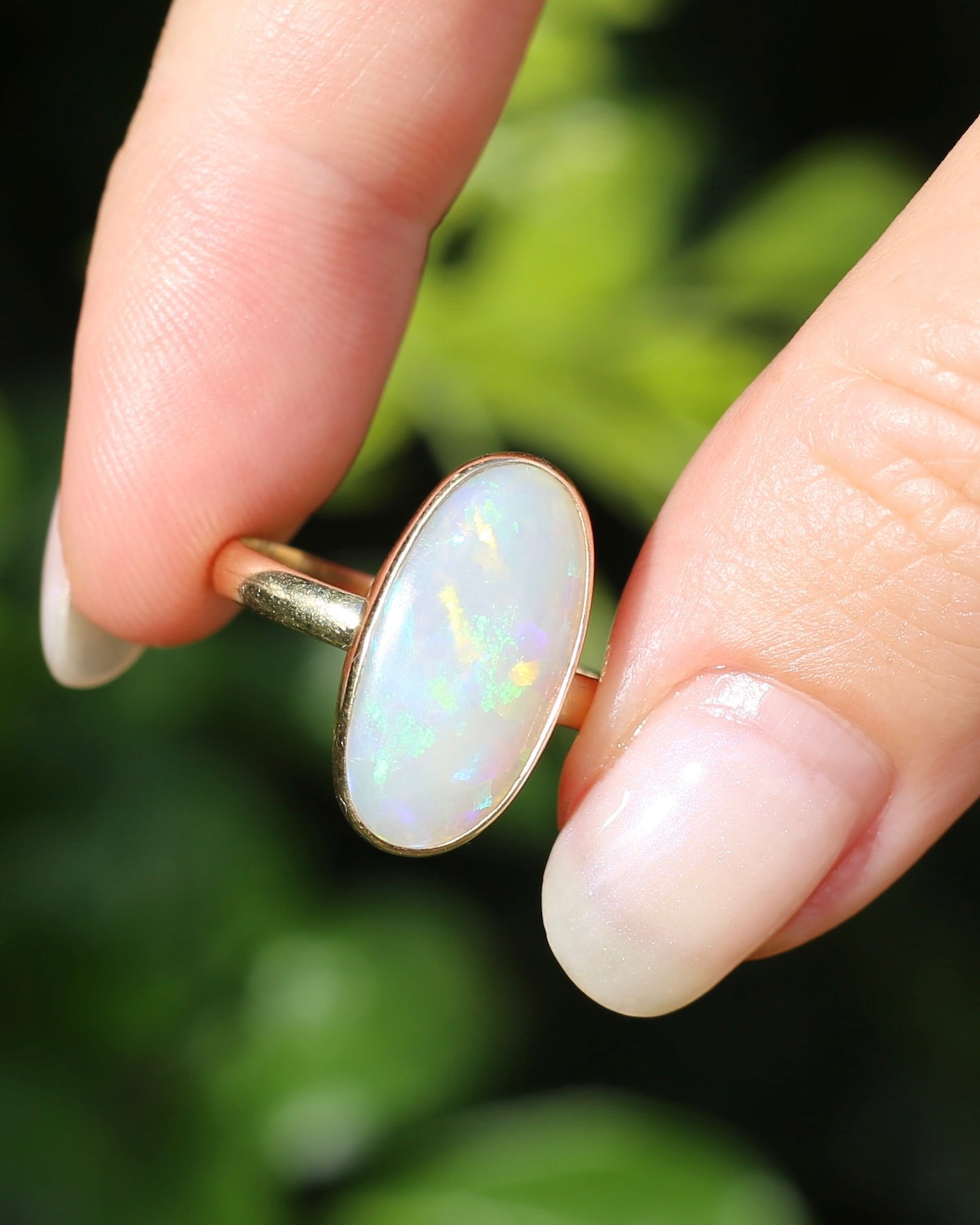 Crystal Opal Cabochon, Low Profile, in Bezel Set 9ct Yellow Gold, size T1/2 or 9.75