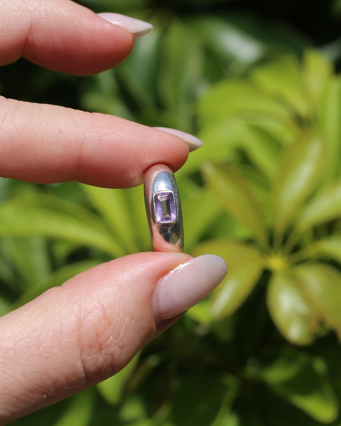 Chunky Emerald Cut Amethyst East West Bezel Set Ring, Sterling Silver, size O or 7.25, 6.1g