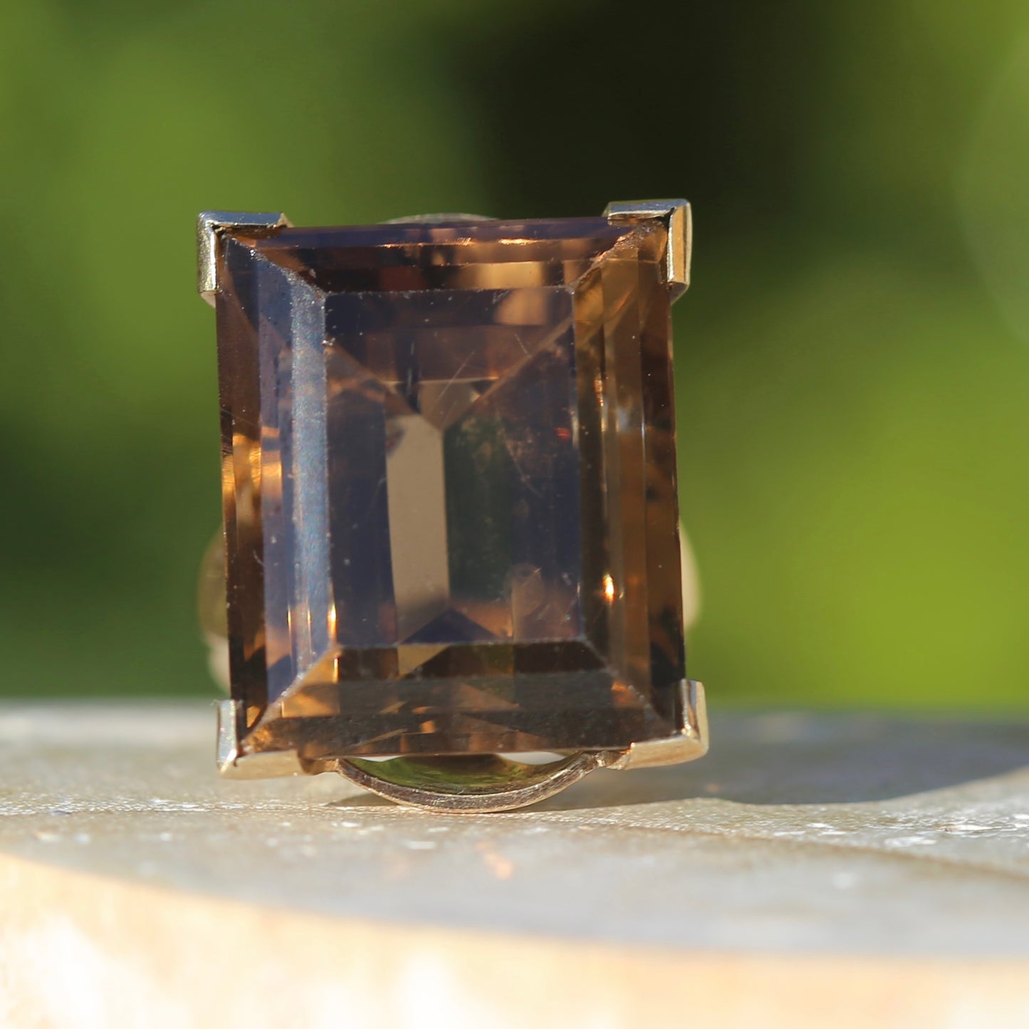 Mid Century 36ct Princess Cut Smoky Quartz Cocktail Ring, 9ct Yellow Gold, size N1/2 or 6.75