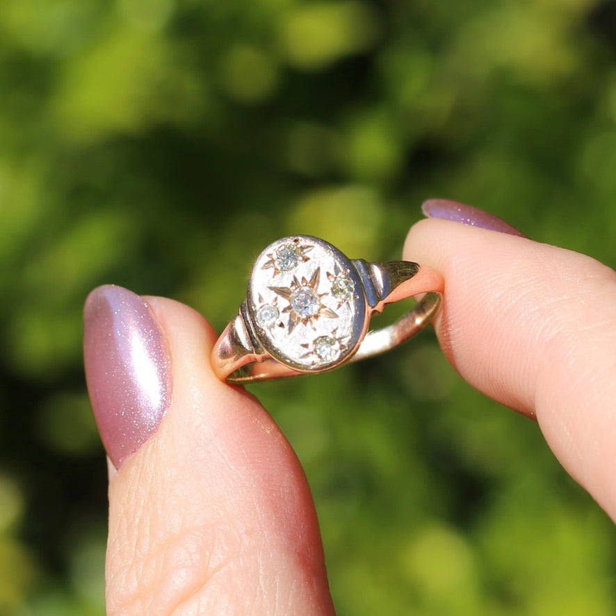 Early Australian Joseph Lawrence Signet Ring, Star Set with 5 Old Cut Diamonds, size T or 9.5