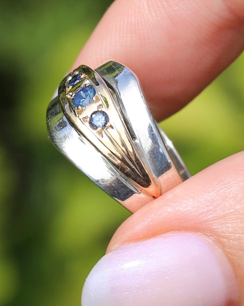 Mixed Metal Wide Band Featuring 3 Rubyvale Sapphires Mined in 1992, Sterling Silver and 14ct Yellow Gold, size O or just over 7 (fits more like an M1/2 or N), 6.81g
