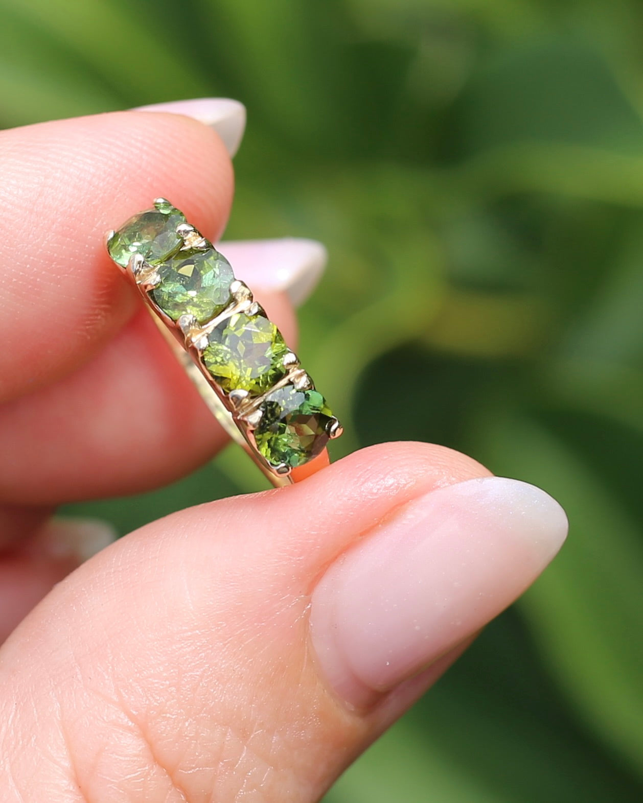 1.75ct Four Stone Natural Green Tourmaline Ring, 9ct Yellow Gold, size N1/2 or just over 6.75, 2.37g