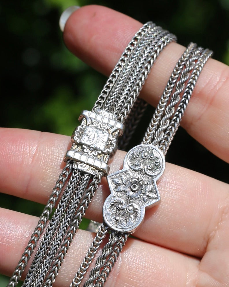 Antique 1901 Double Albertina Necklace with T-bar and Tassel, Sterling Silver, 43.75g
