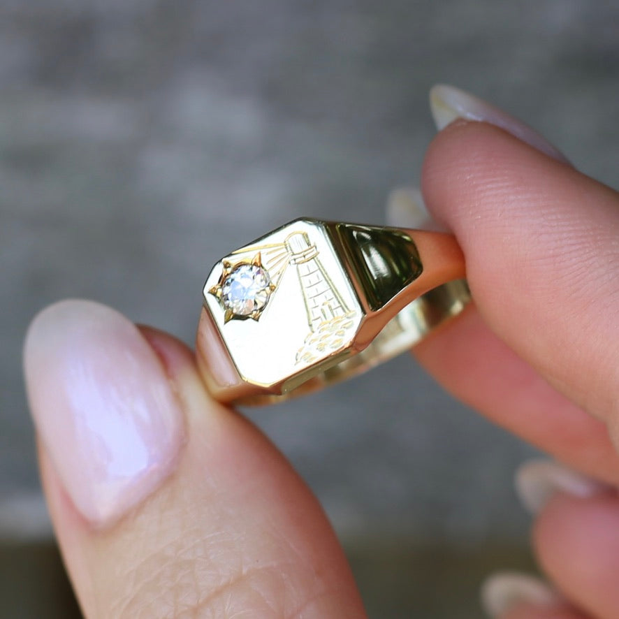 Vintique 15ct Old Cut Diamond Lighthouse Signet Ring, size 10.5 or V