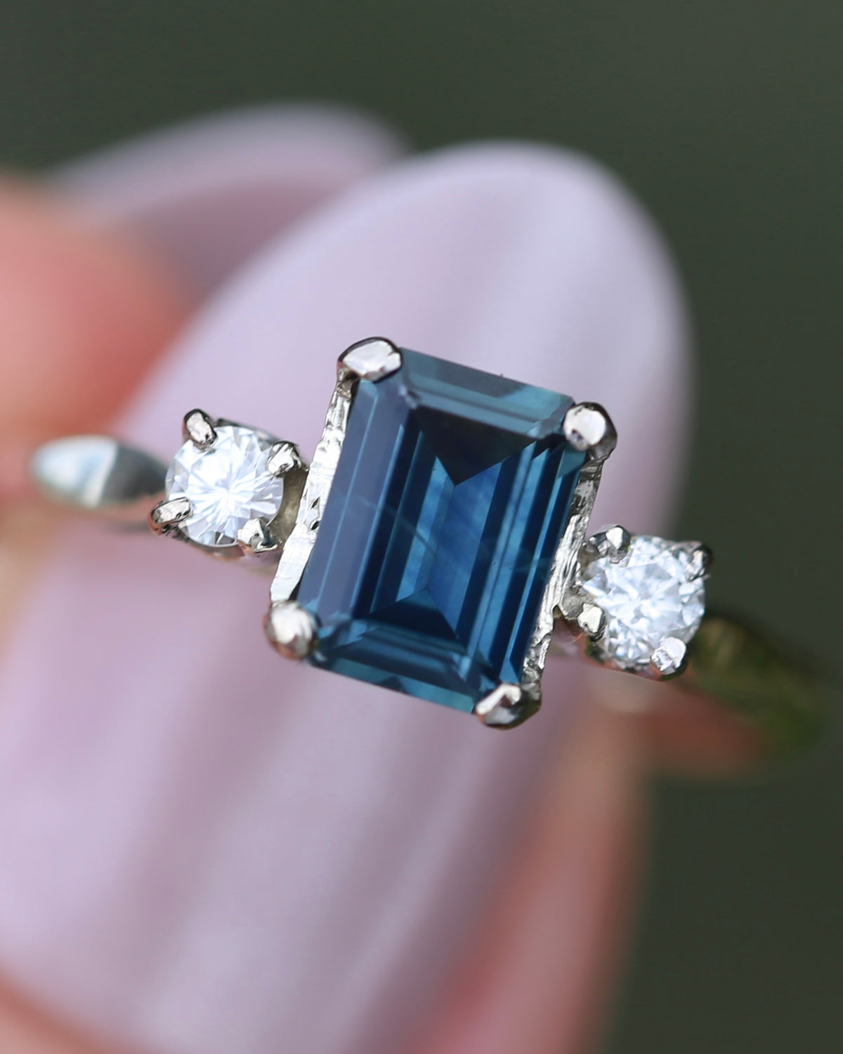 1.1ct Emerald Cut Natural Blue Teal Sapphire and Diamond Trilogy, 18ct White Gold and Platinum, size O or just over 7, 2.27g