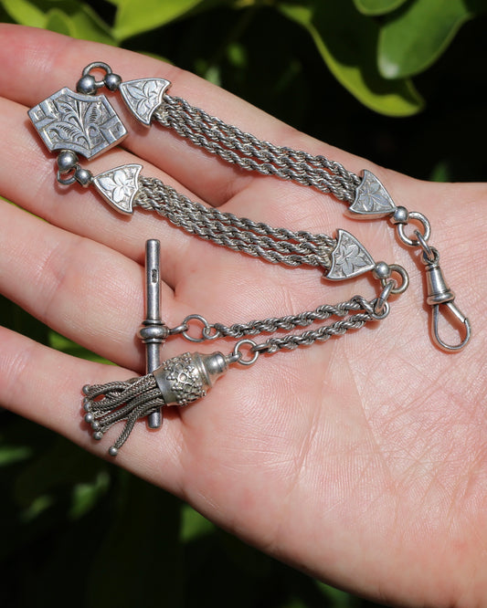 Amazing 1884 Silver Albertina with T-bar and Tassel, 19.5cm or just over 7.5 inches to jump ring, 20.4g