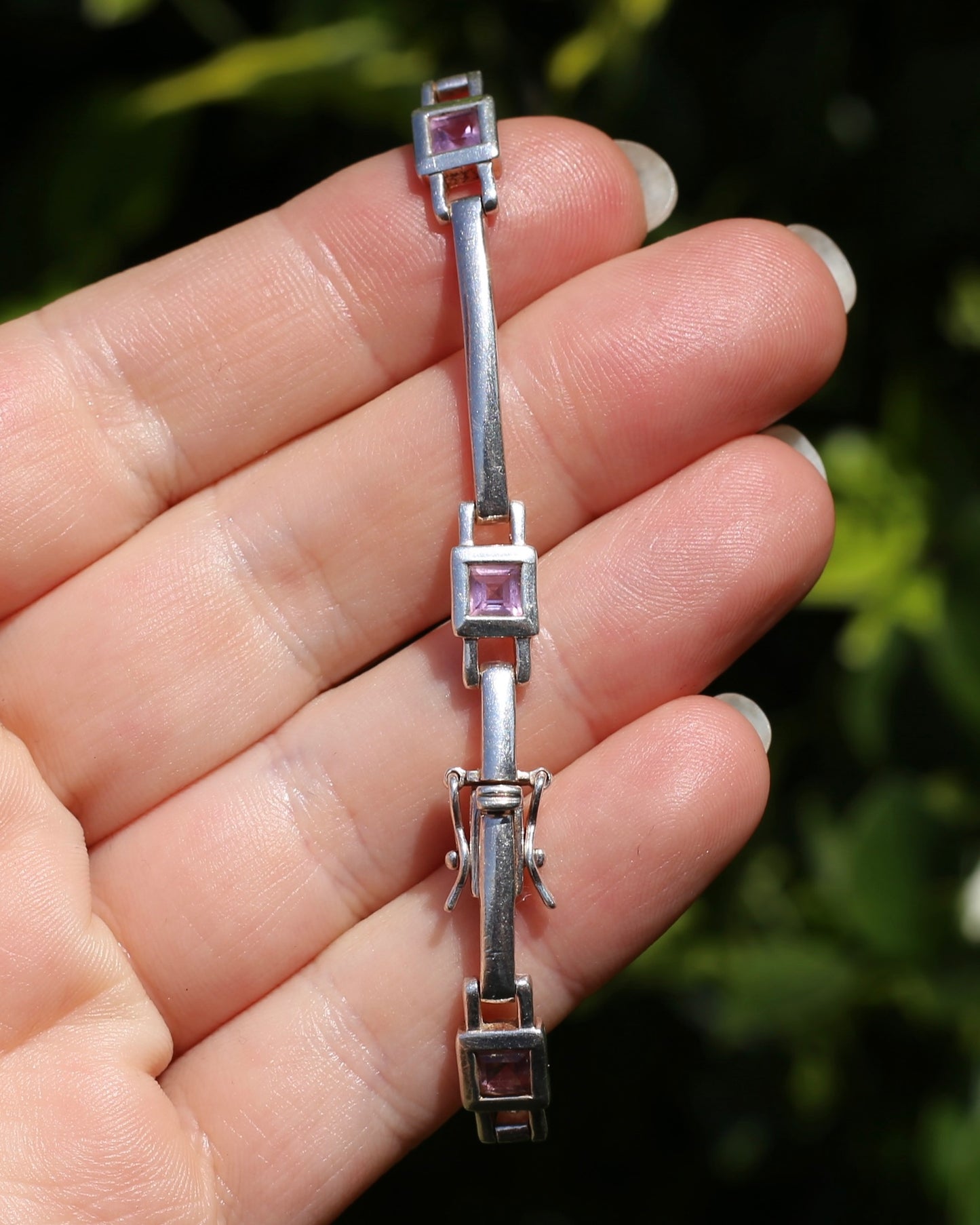 Bezel Set Amethyst Silver Bracelet with Double Safety Clasp, 12.2g