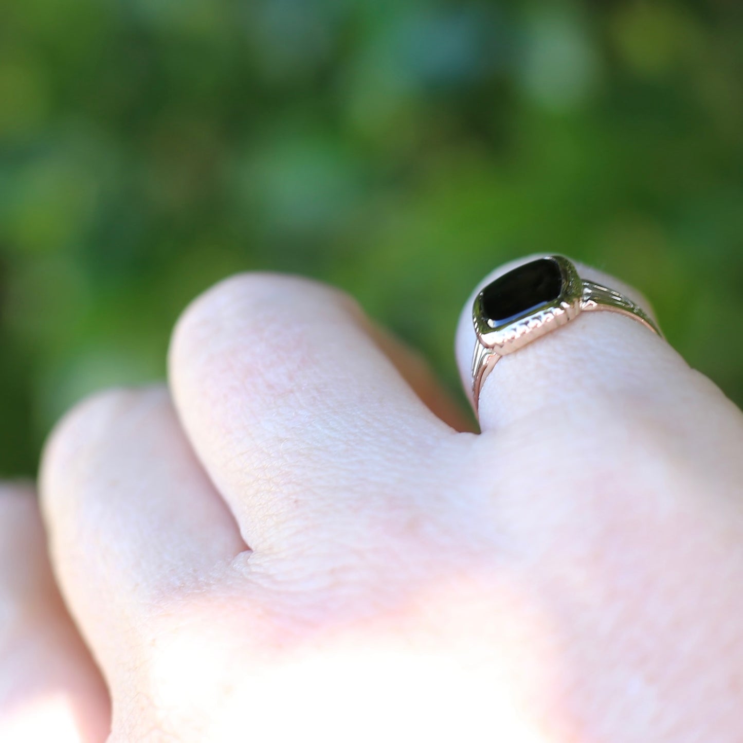 Vintique Onyx Signet Ring with Engraved Shoulders, 9ct Rosey Gold, size K1/2 or 5.5