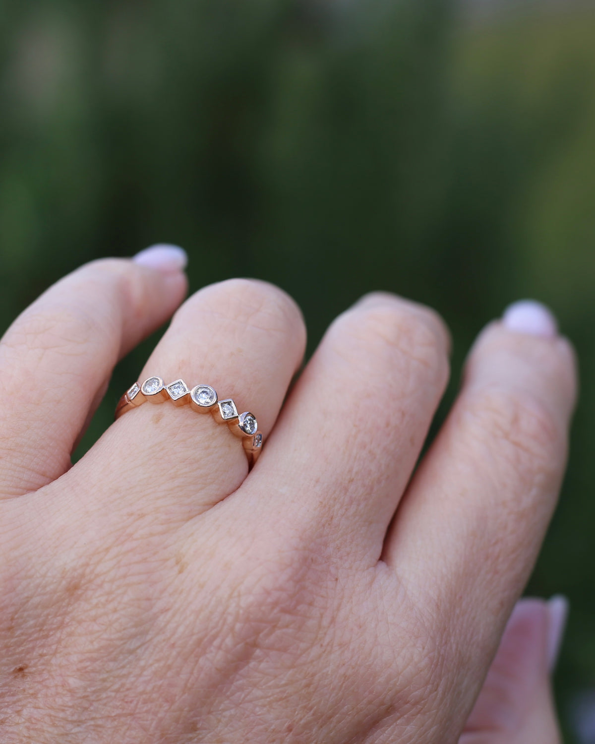 0.25ct 7 Stone Natural Diamond Bezel Set Round and Geometric Rose Gold Stacker, 10ct Rose Gold, size O or 7.25