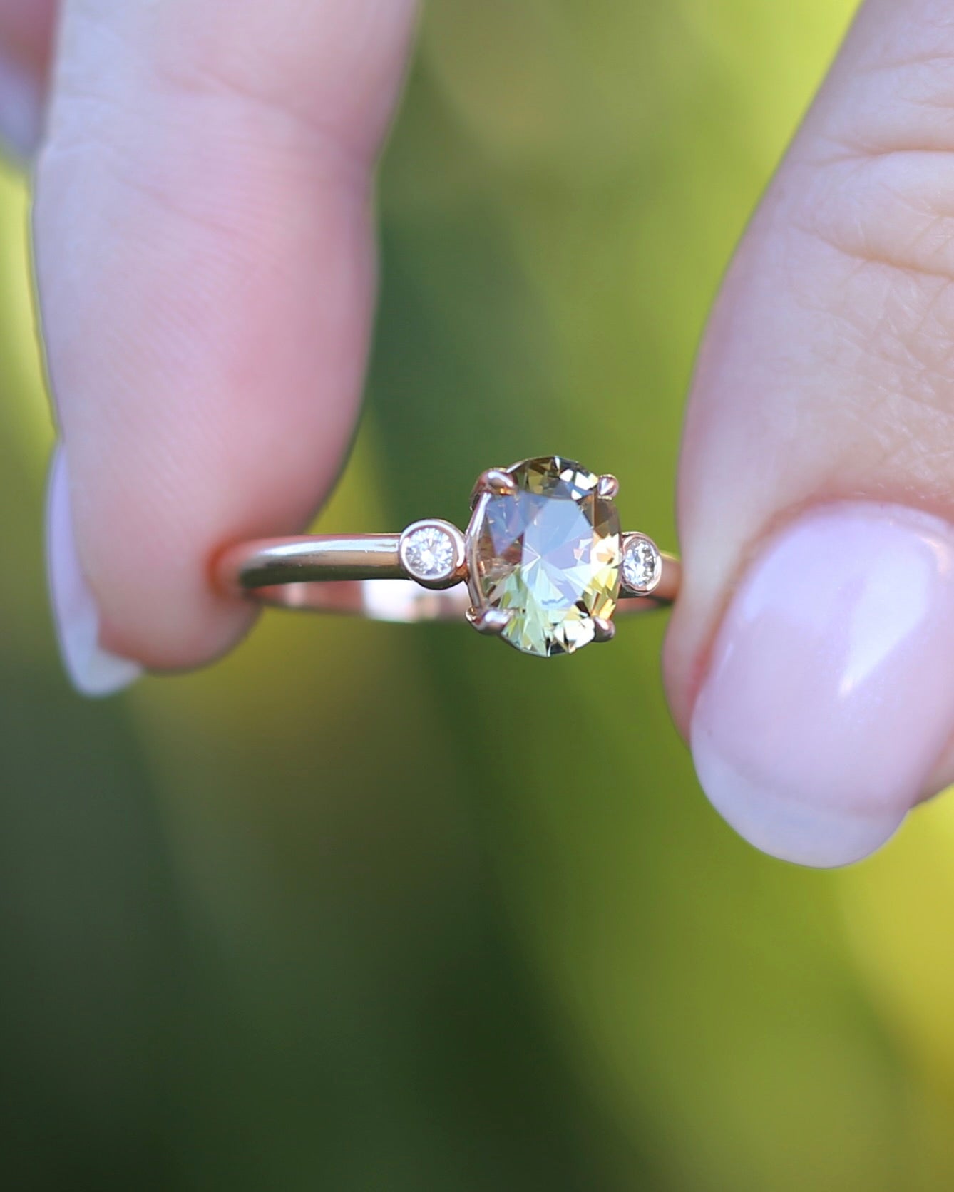 1.57ct Natural Golden Tanzanite Zoisite and Diamond Trilogy Ring, 14ct Rose Gold, size 8.75 or just over R, 3.3g, with valuation