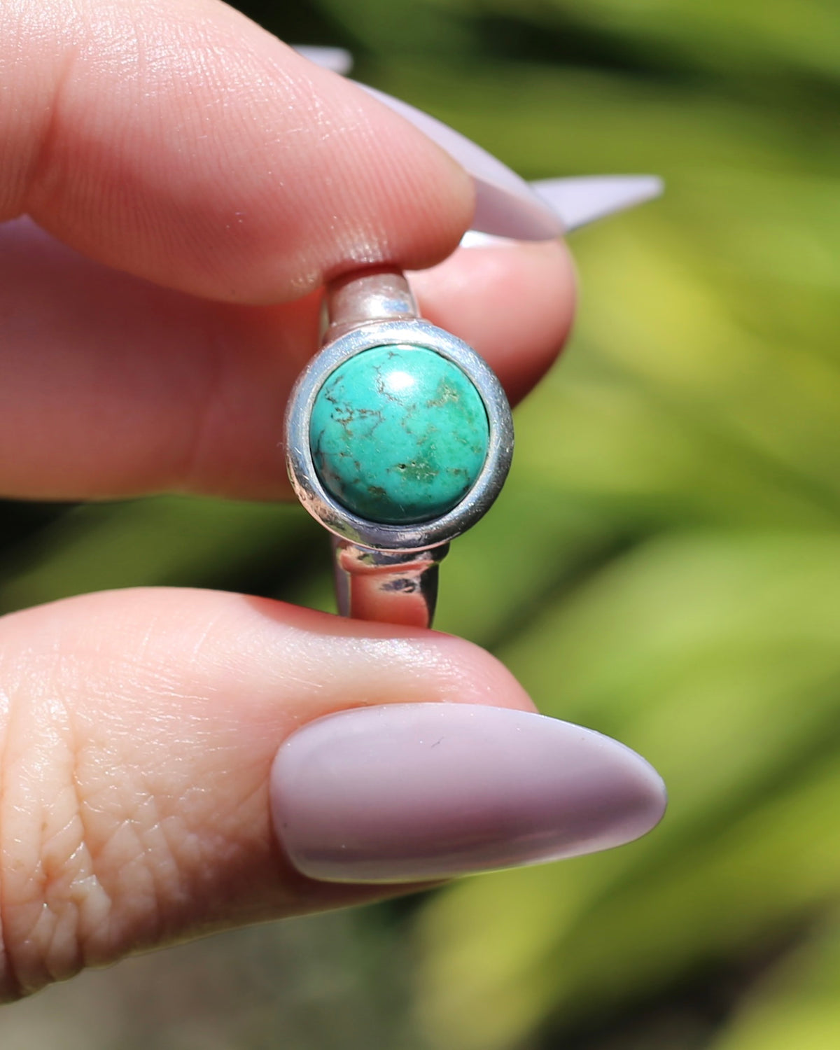 Natural Turquoise Cabochon Bezel Set Ring, Sterling Silver, size Q or just over 8, 7.3g