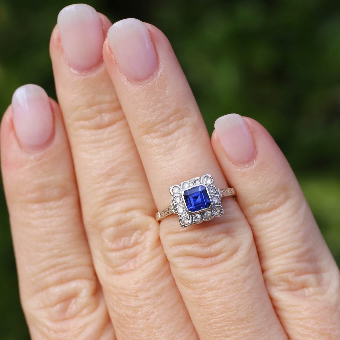 1930s Mixed Metal, Sapphire and White Spinel Halo Ring, 9ct Yellow and White Gold, size J1/2 or 5