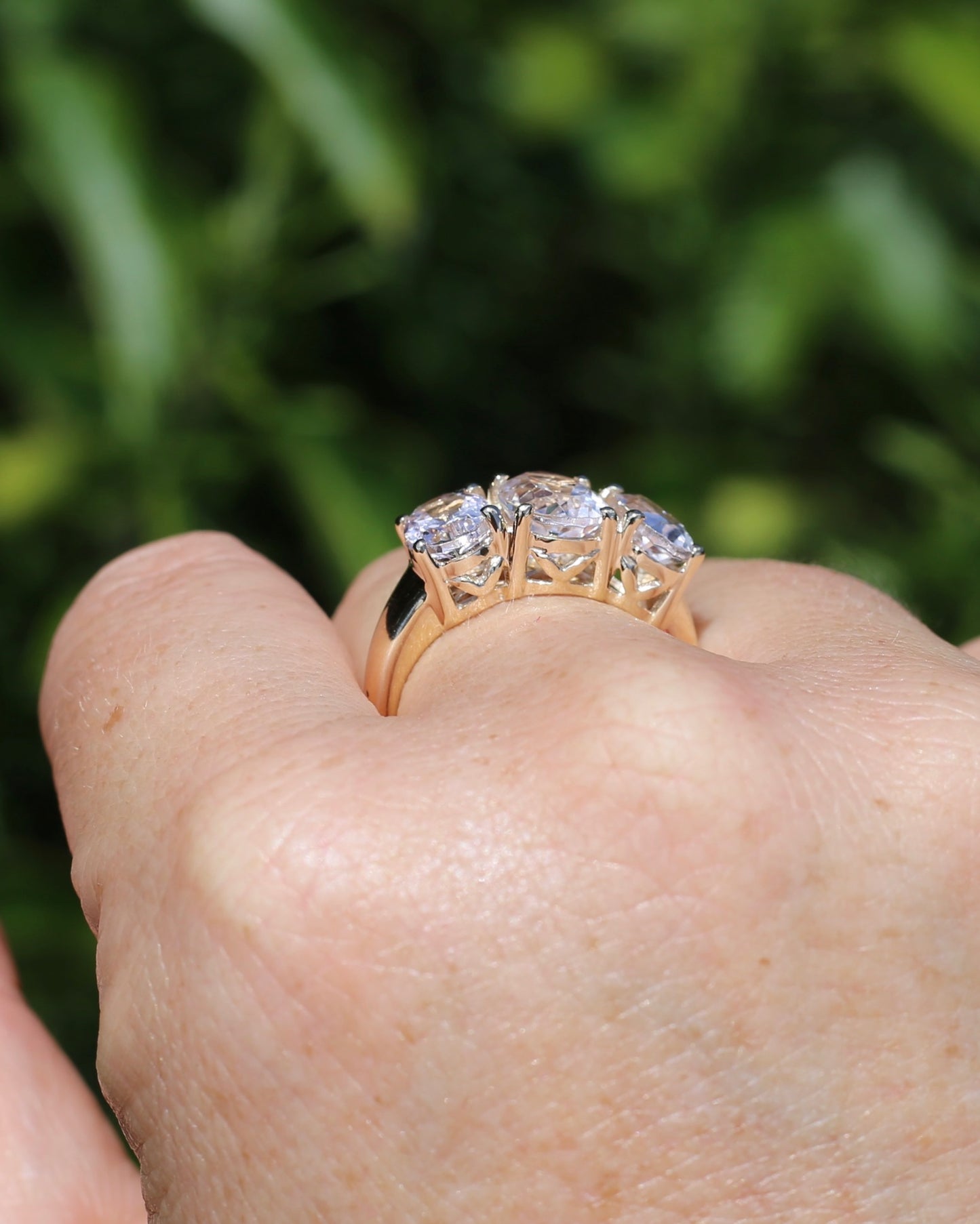 Oval Trilogy Rock Crystal Ring, 9ct Yellow Gold, size Q1/2 or 8.5, 5.59g