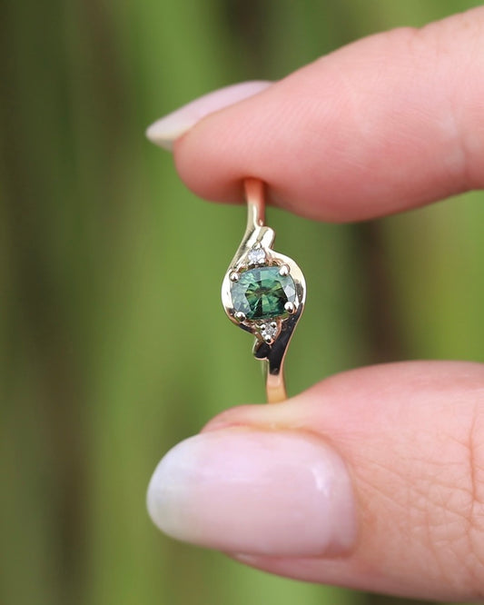 0.65ct Australian Green Sapphire with Diamond Side Stones, 9ct Yellow Gold, size O1/2 or 7.5, 1.81g