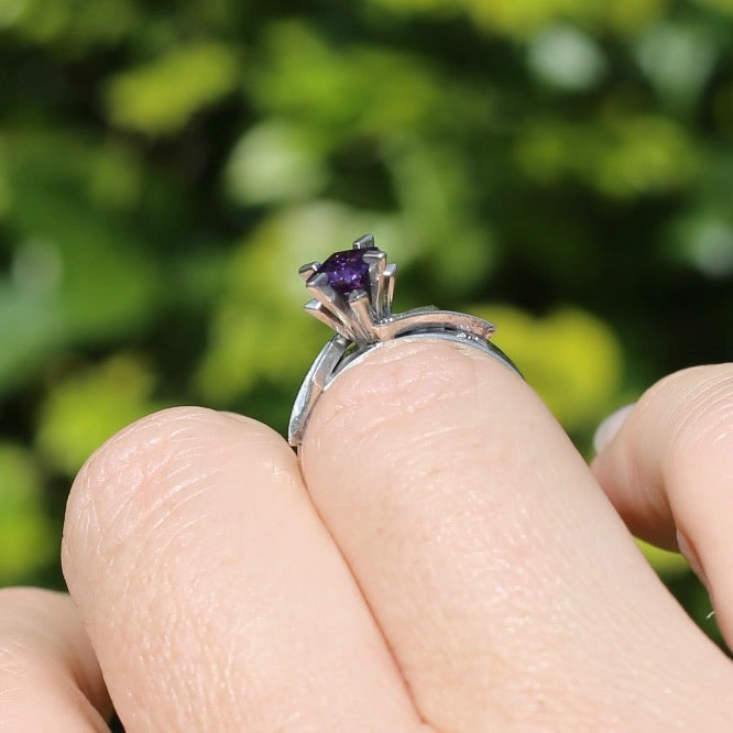 Retro 1970s Emerald Cut Purple Sapphire Ring, Sterling Silver, size M or 6