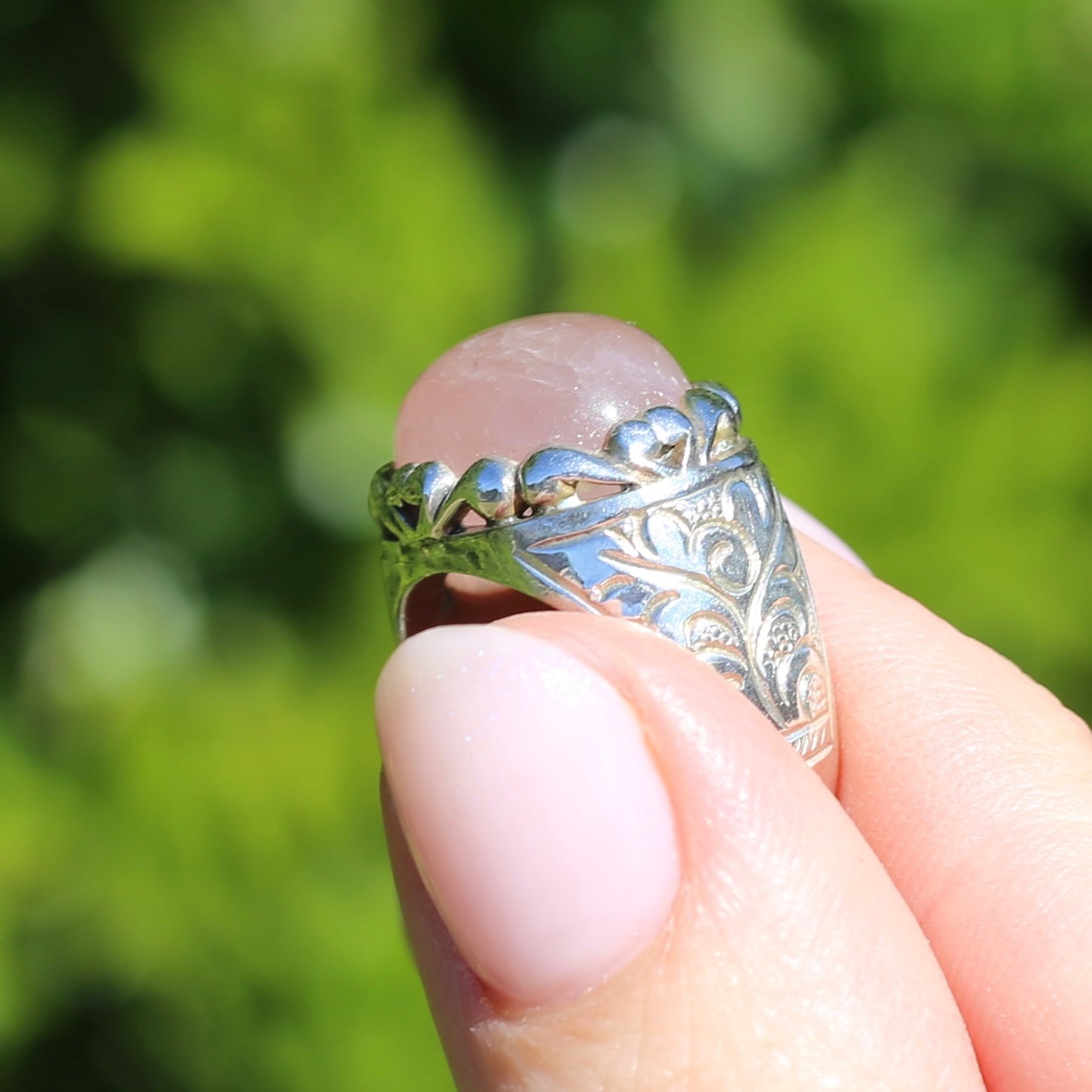 Rose Quartz Cabochon Ring, Sterling Silver, size O or 7.25