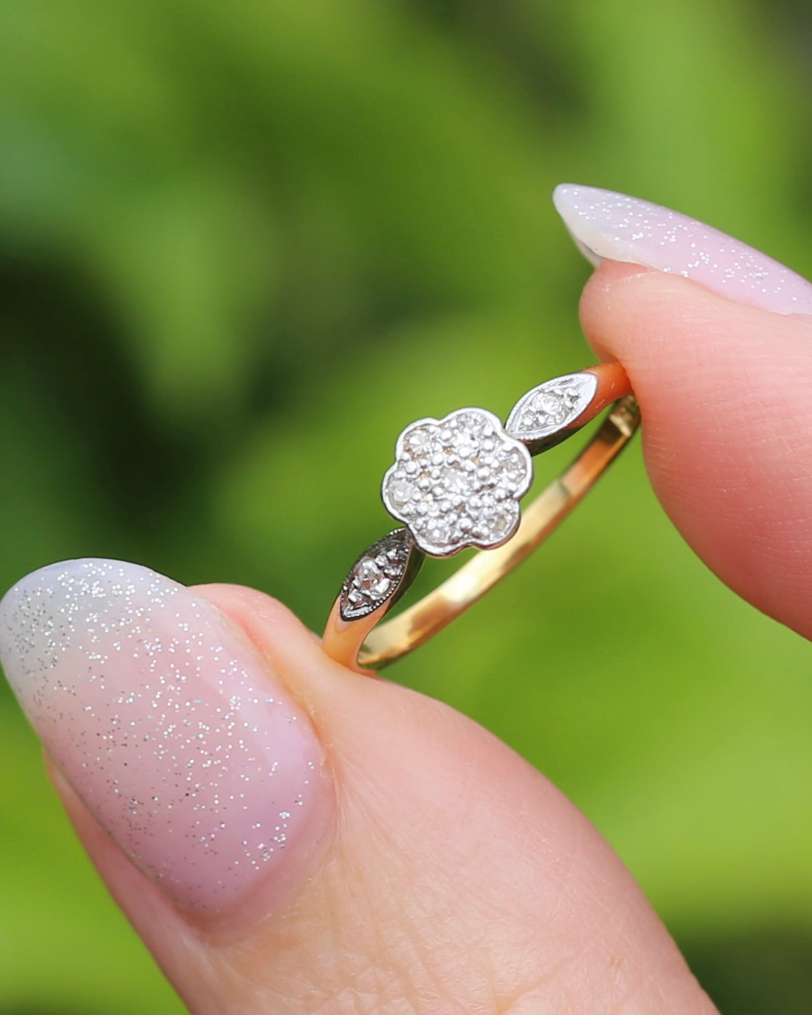 Circa 1930s Single Cut Daisy Cluster, 18ct Yellow Gold and Platinum, size M1/2 or 6.5, 2.2g