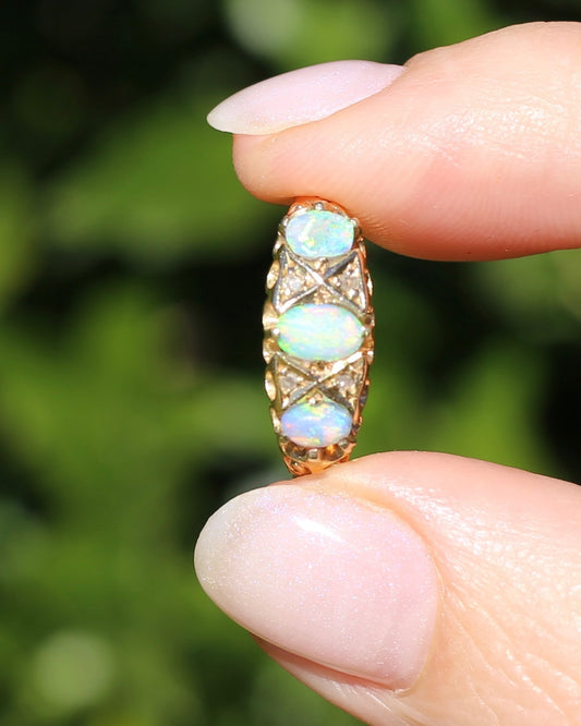 ON HOLD Antique 1907 Opal and Rose Cut Diamond Bridges Ring, 18ct Yellow Gold, size 8 or Q