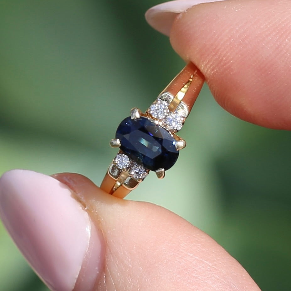 Oval Natural Blue Sapphire with Diamonds, Art Deco Feel Ring, 14ct Yellow Gold, size N or 6.75