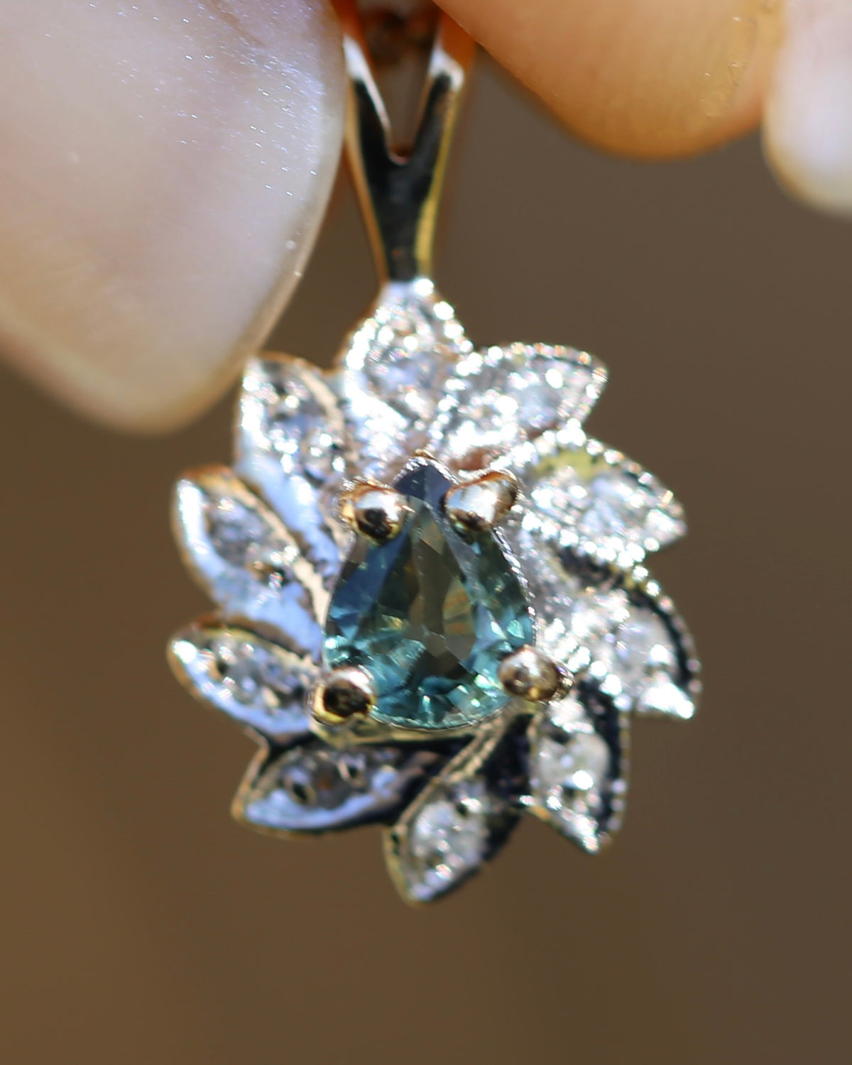 0.3ct Natural Green Parti and Natural Illusion Set Diamond Leaf Halo Pendant, 9ct Yellow Gold, 0.72g