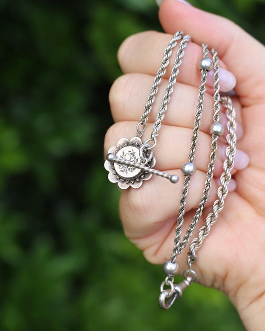 Antique 1896 Double Albertina Necklace with T-bar and Floral Pendant, Sterling Silver, 18.85g