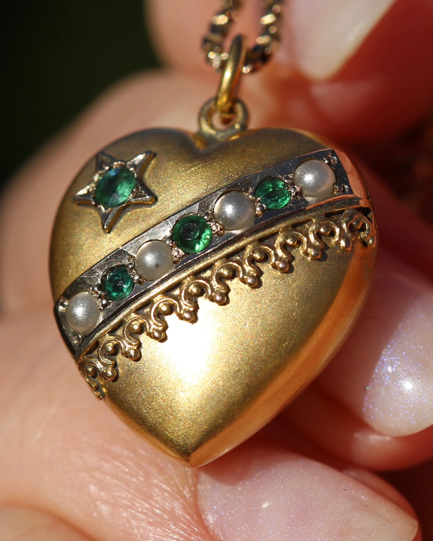 Early Australian Aronson & Co Puffy Heart set Pendant with Pearl and Green Gems, 9ct Yellow Gold, 2.59g