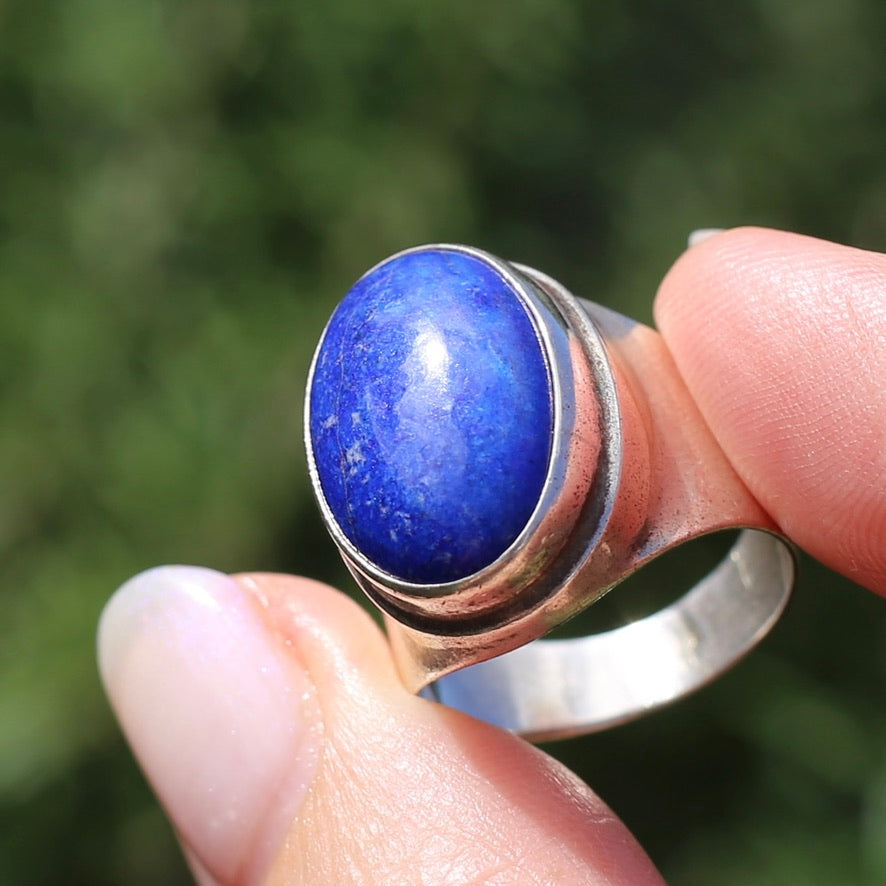 Large Lapis Cabochon in Silver Bezel Setting, size P1/2 or just under 8