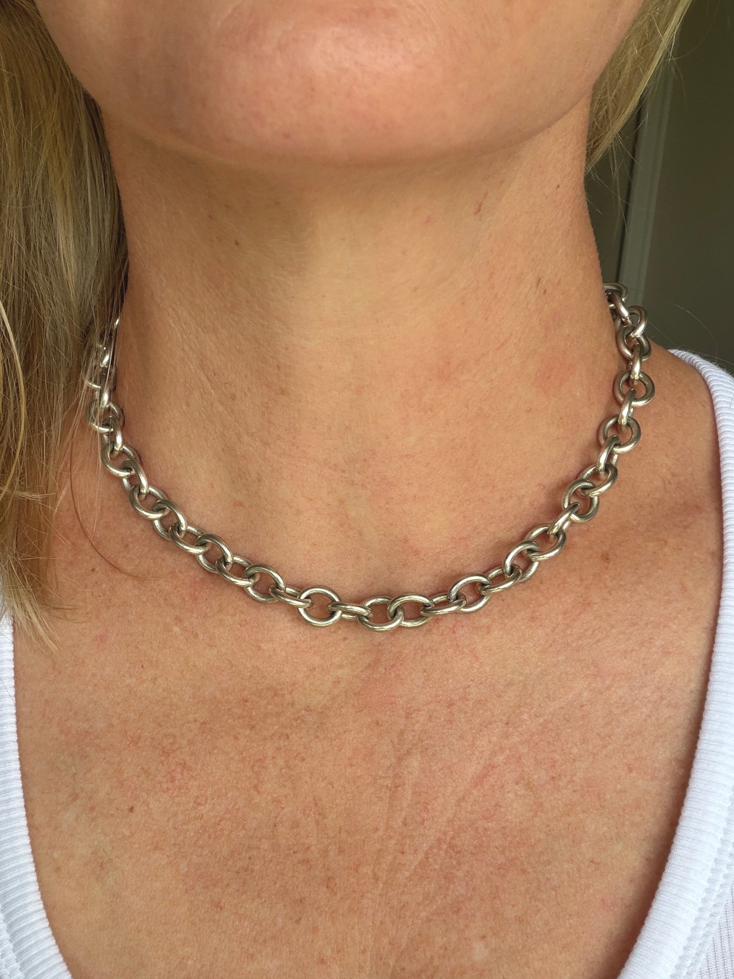 Vintage Chunky Oval Cable Chain with Textured Clasp, Sterling Silver, 42cm or 16.5inches, 50.7g
