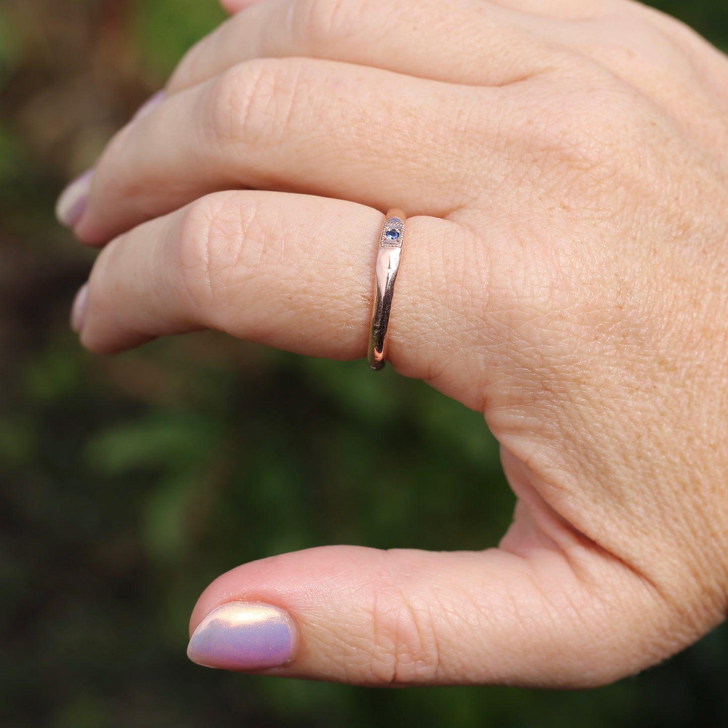 Rustic Handmade Rose Gold Ring with Blue Spinel, 9ct Rose Gold, size T or 9.5