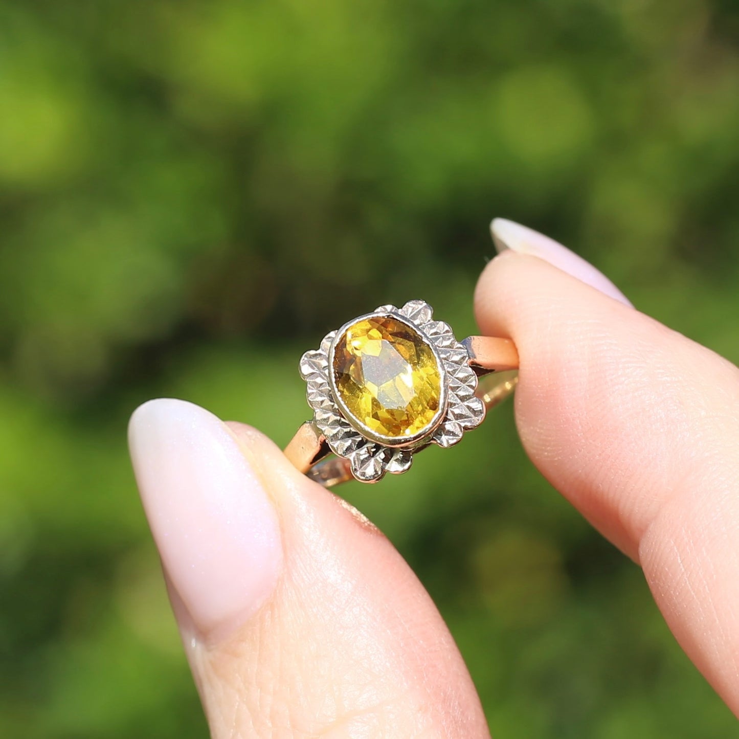 1994 Yellow Sapphire With Detailed Edges, 9ct Yellow Rosey Gold, size P or 7.5