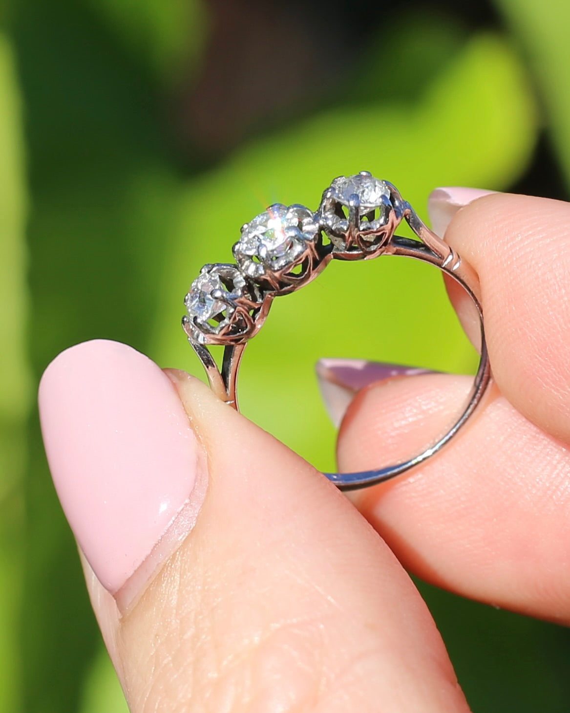 Circa 1930s Transitional Cut Diamond Trilogy with Kozibe Effect, Platinum, size L or 5.75, 2.68g, with valuation