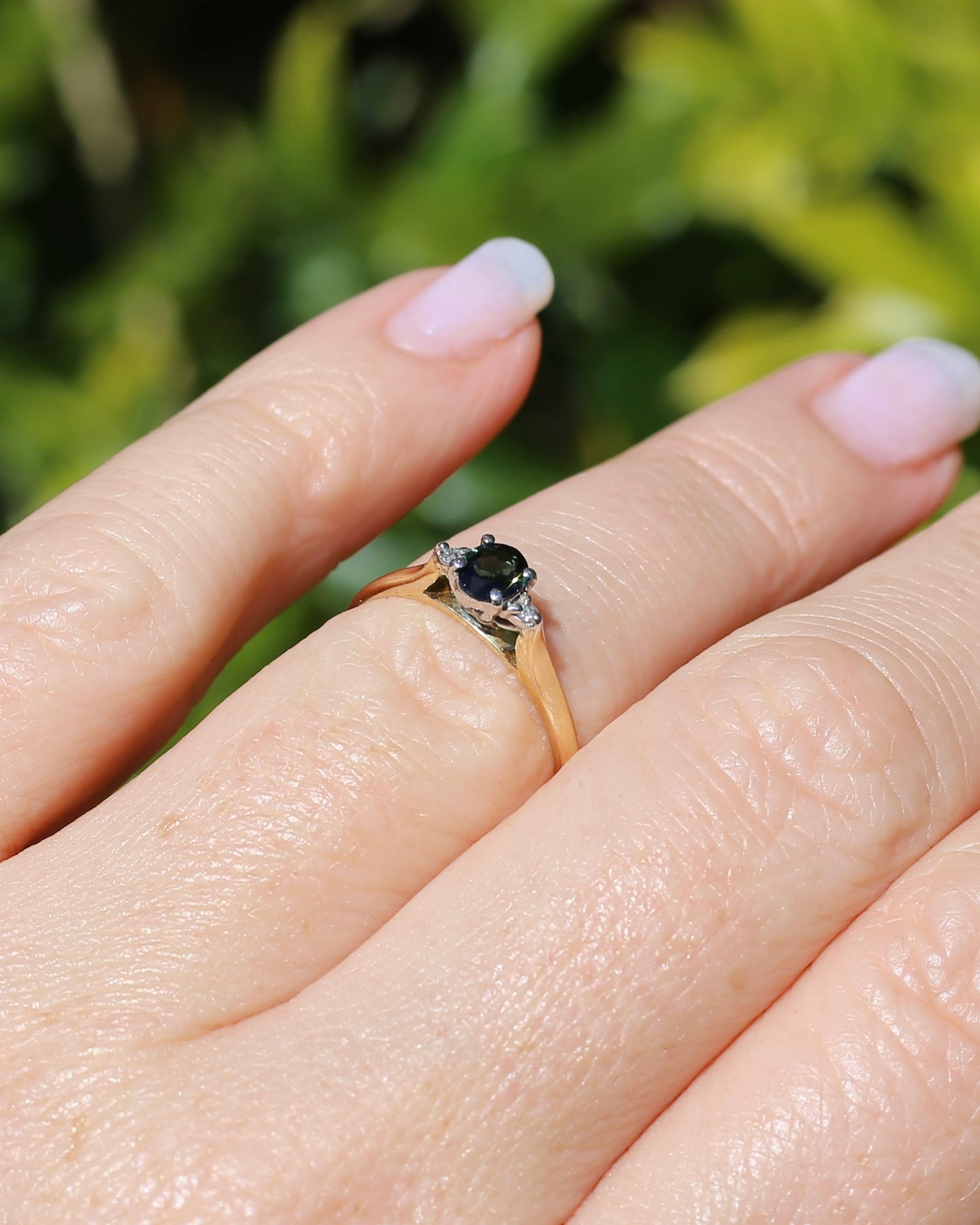 Dark Australian Sapphire and Diamond Dainty Trilogy, 9ct Yellow and White Gold, M1/2 or 6.5, 1.75g