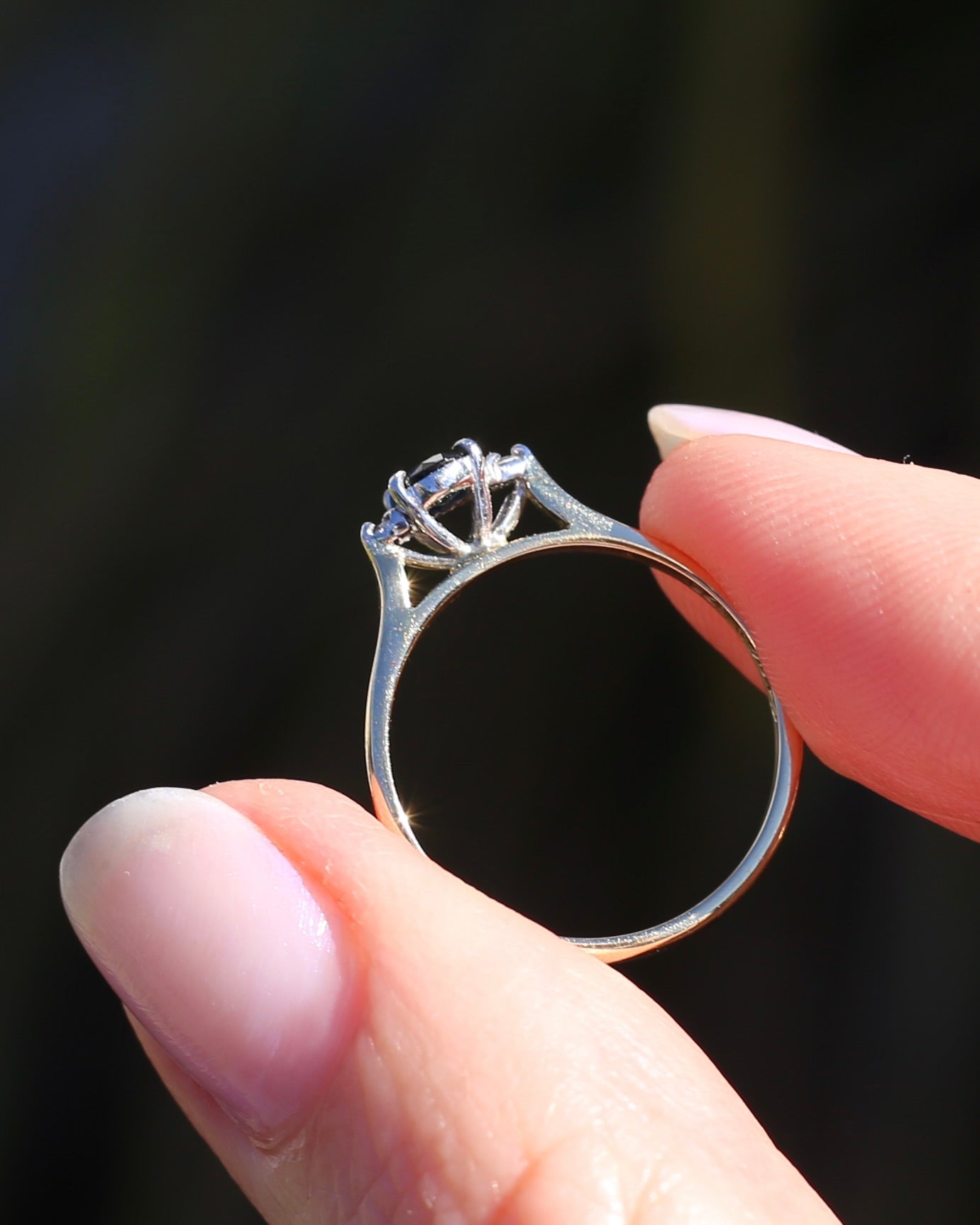 Dark Australian Sapphire and Diamond Dainty Trilogy, 9ct Yellow and White Gold, M1/2 or 6.5, 1.75g